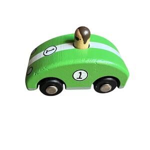 Vintage The Land Of Nod Number 1 Wooden Green With White Strip‎ Racing Car Toy